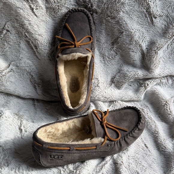UGG Shoes - UGG Charcoal Moccasins with Camel Trim